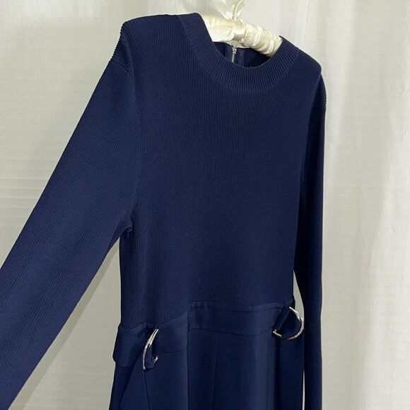 Ted Baker 5/14 Ellhad Navy Mock Neck Knit Combo Long Sl D-Belted Back Zip Dress - Picture 11 of 16